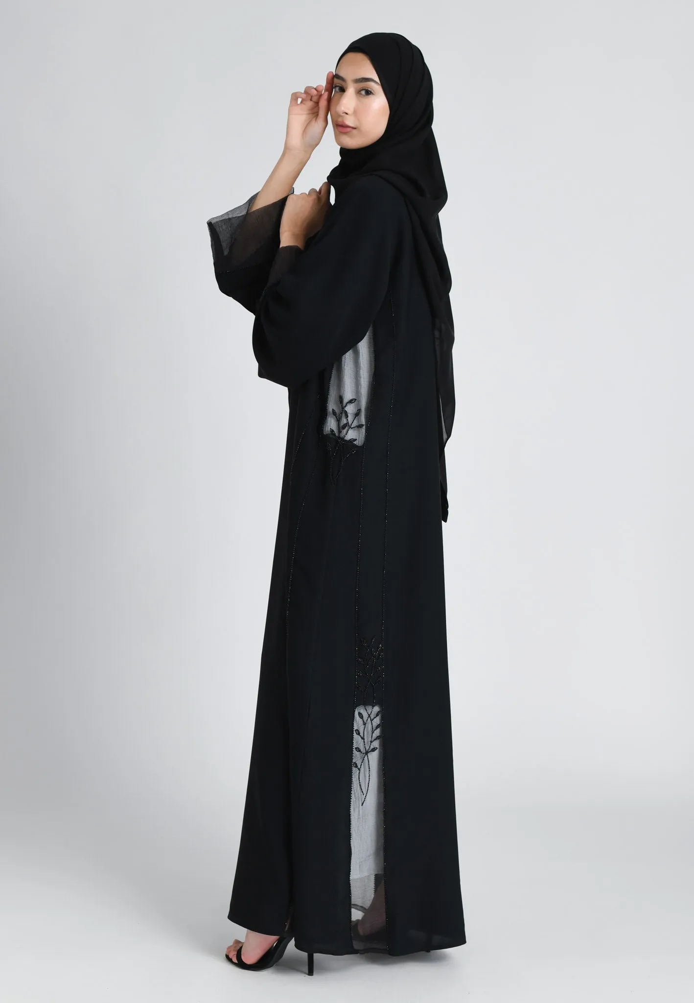Black On Black Khaleeji Organza Accent Open Abaya